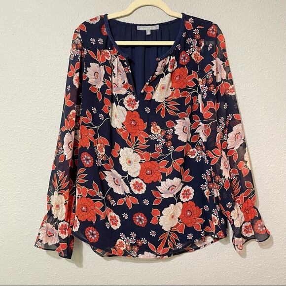 Daniel Rainn Blue & Orange Floral Boho Bell Sleeve Blouse Womens M Fall Flowy - Picture 1 of 7